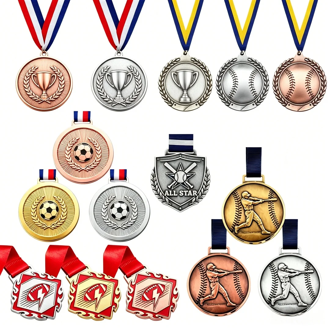 Custom Metal Sport Medal with Ribbon Gold Silver Bronze Engraved Award for Football Basketball Baseball Competition