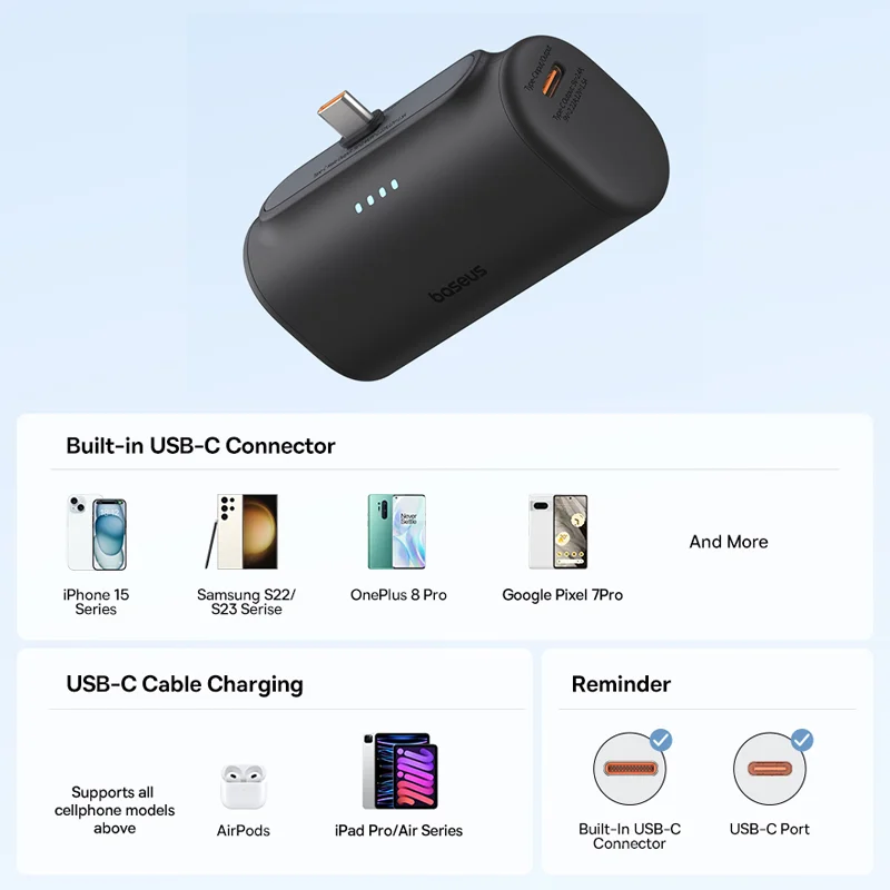 Baseus Mini Power Bank 20W 5000mAh Type C Fast Charging External Battery PowerBank for iPhone 15 Pro Max Samsung Xiaomi