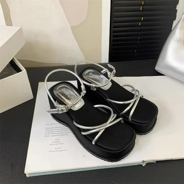 

Women's fashionable flat buckle platform sandals with cross-over open toe wedge high heels