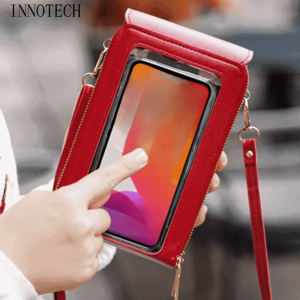 

PU Leather Women Touch Screen Cell Phone Purse Adjustable Shoulder Strap Zipper Cell Phone Bag Multi-layered Transparent Window