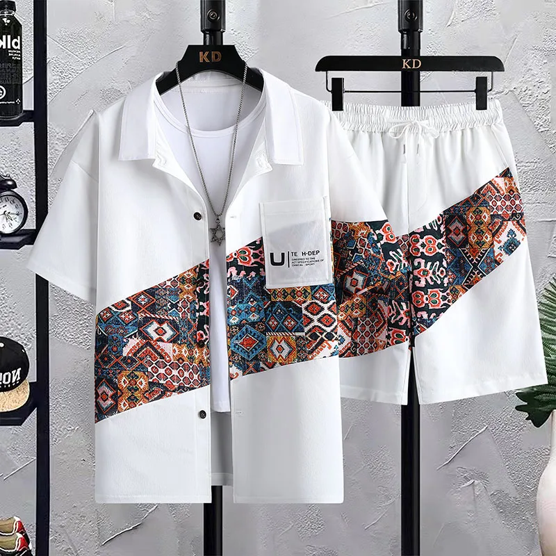 (Shirt + trousers)summer short sleeve mens Sets Print Pattern Men\'s Casual Elastic Waist Shirts Men Two-piece Suit Streetwear