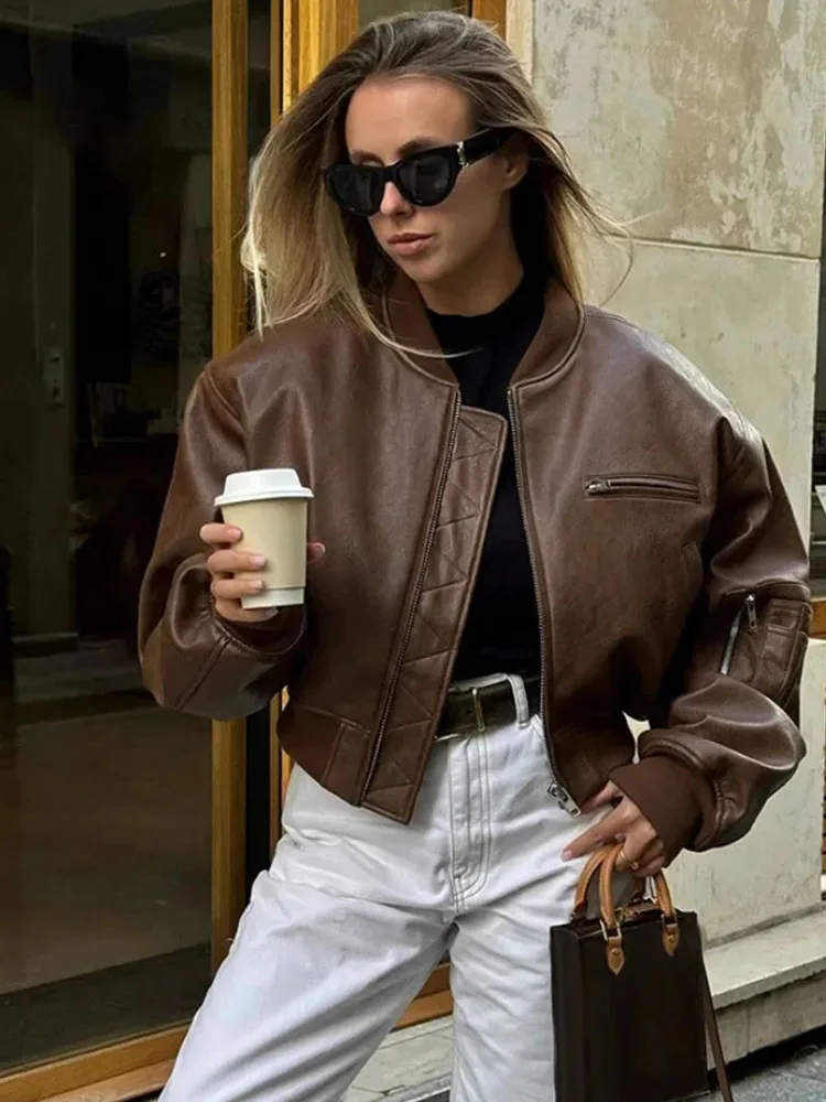 Women Oversize Brown PU Leather Bomber Jackets Retro Long Sleeve Zipper Pocket Short Motorcycle Outerwear Autumn Streetwear Coat