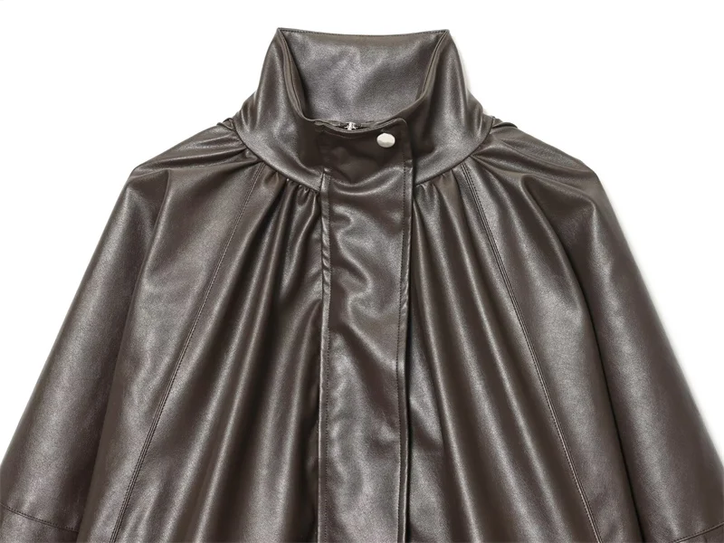 سترة نسائية من الجلد الصناعي ذات تأثير طيار مطوي وياقة نصف عالية وسحاب معطف خريفي كاجوال لراكبي الدراجات النارية #3