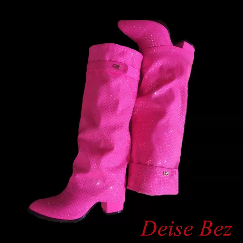 New Fashion Pink Frosted Rhinestone Knee High Boots Thick Heel Sexy Pointed Toe Breathable and Non-Slip Mid Heel Sleeve Boots