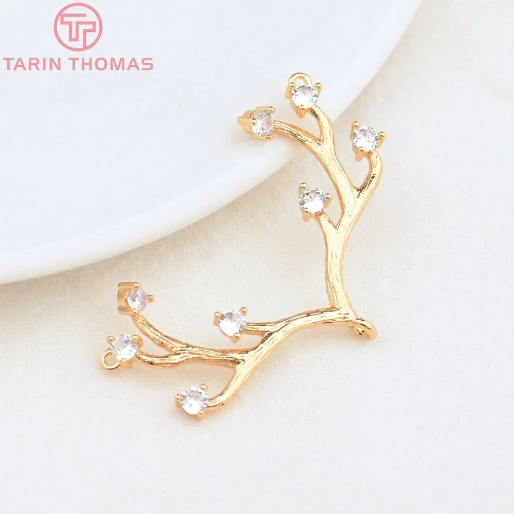 (4525) 4PCS 38x24MM 24K Gold Color Brass with Zircon Antlers Charms Pendants High Quality DIY Jewelry Making Findings Wholesale