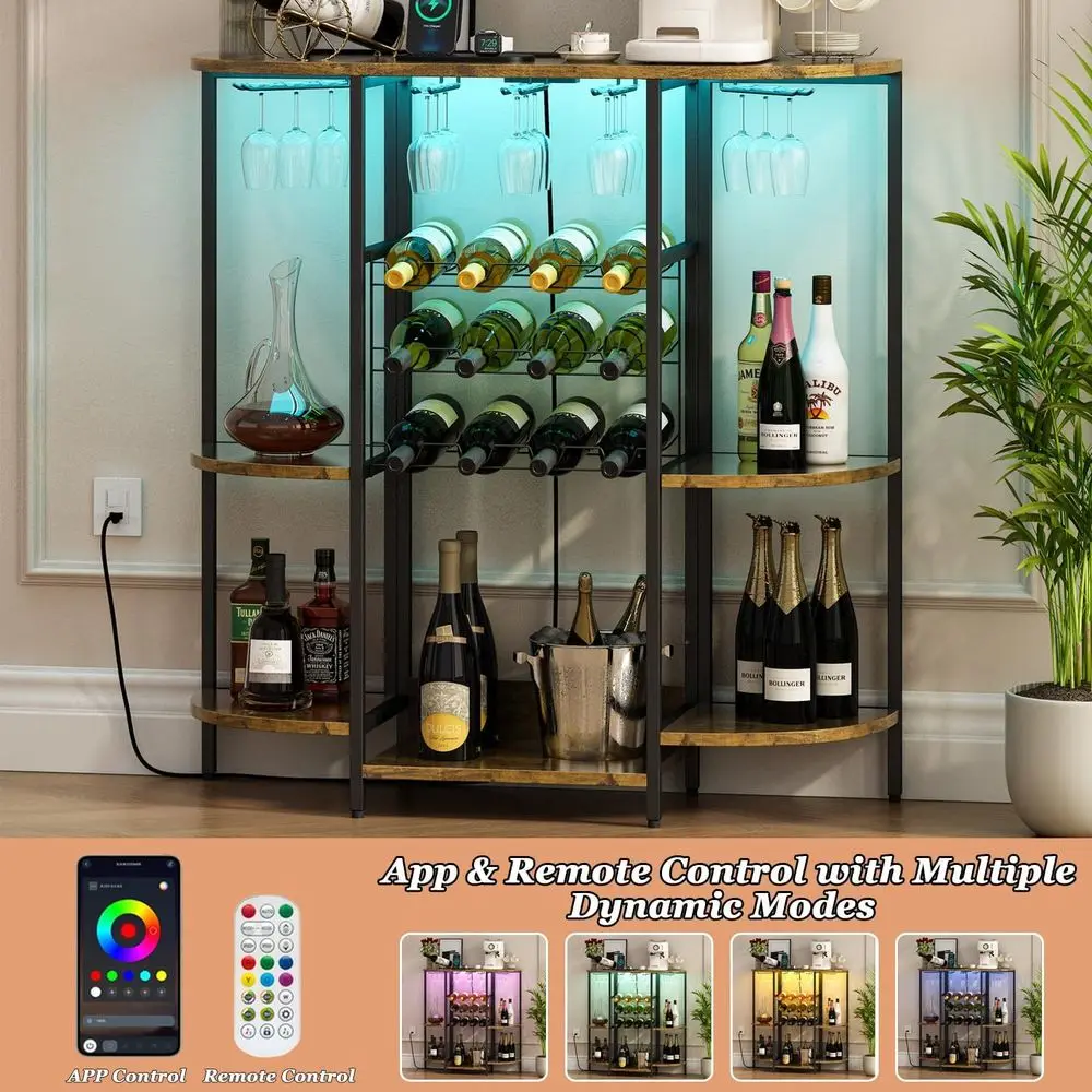 LED-Illuminated Freestanding Mini Bar with Outlets, Rustic Brown, for Kitchen & Dining, Holds Liquor, Coffee, Wine, and Glasses