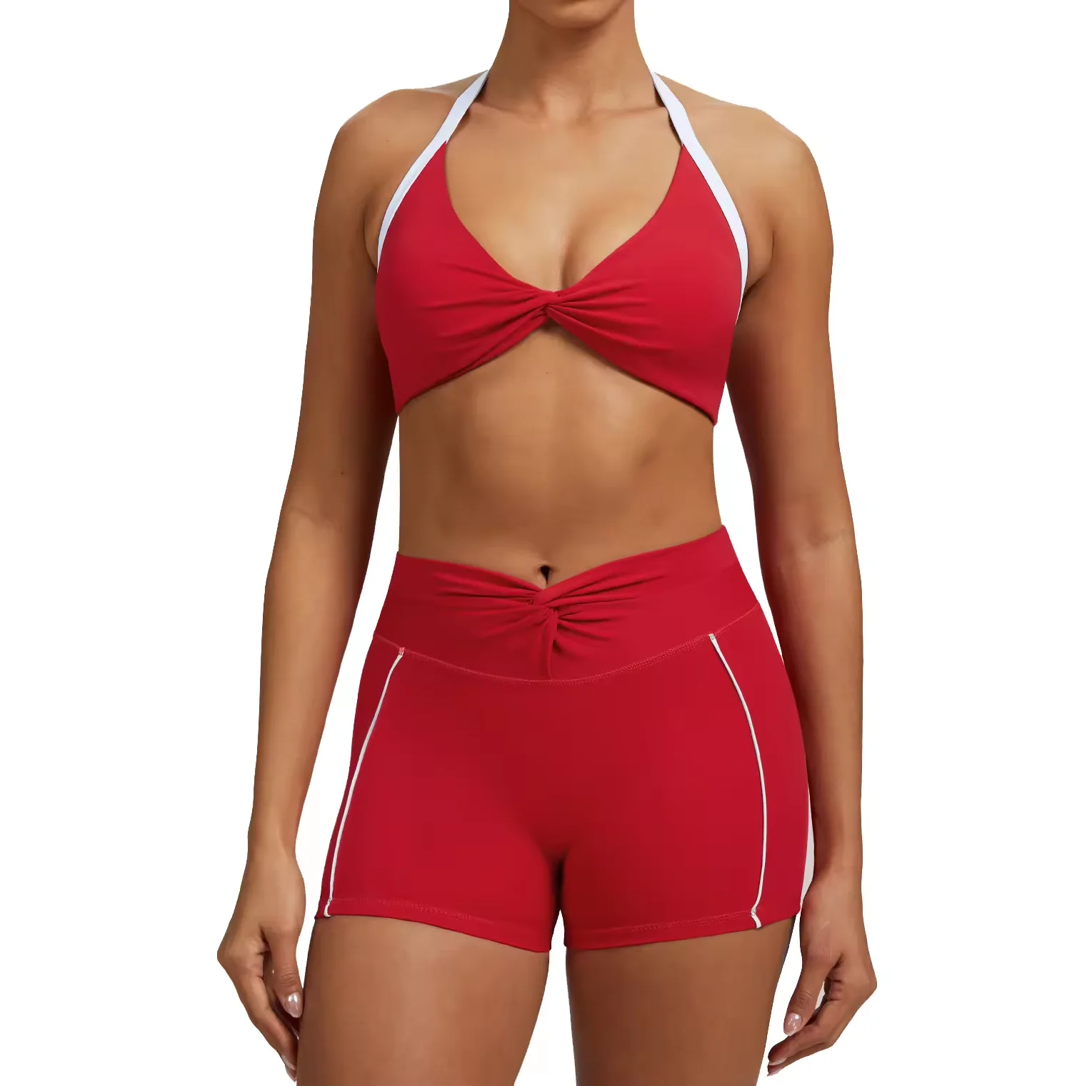 Seamless Breathable Eco-Friendly Halter Neck Sports Bra Shorts Set-Naked Feel High Support Workout Outfit Front for Running Yoga