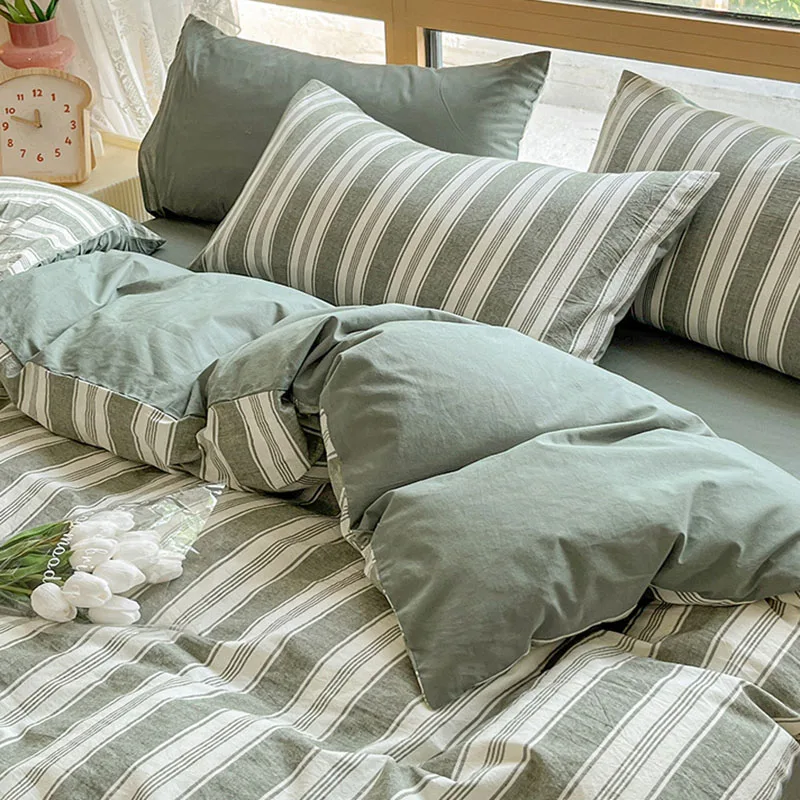 High Quality Striped Printed Pure Cotton Bedding Sets Skin Friendly Breathable Soft Quilt Kit Non Color Fading Bed Set