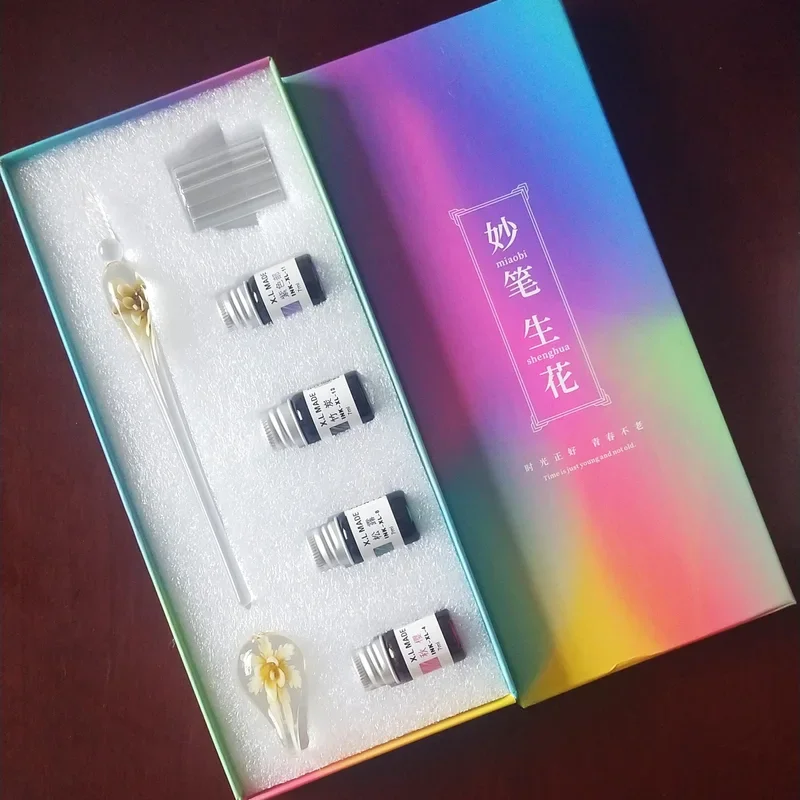 مجموعة أقلام زجاجية مدمجة على شكل زهرة، قلم غمس ملون، صندوق هدايا بائع الشوارع، قلم توقيع، هدية قلم زجاجي