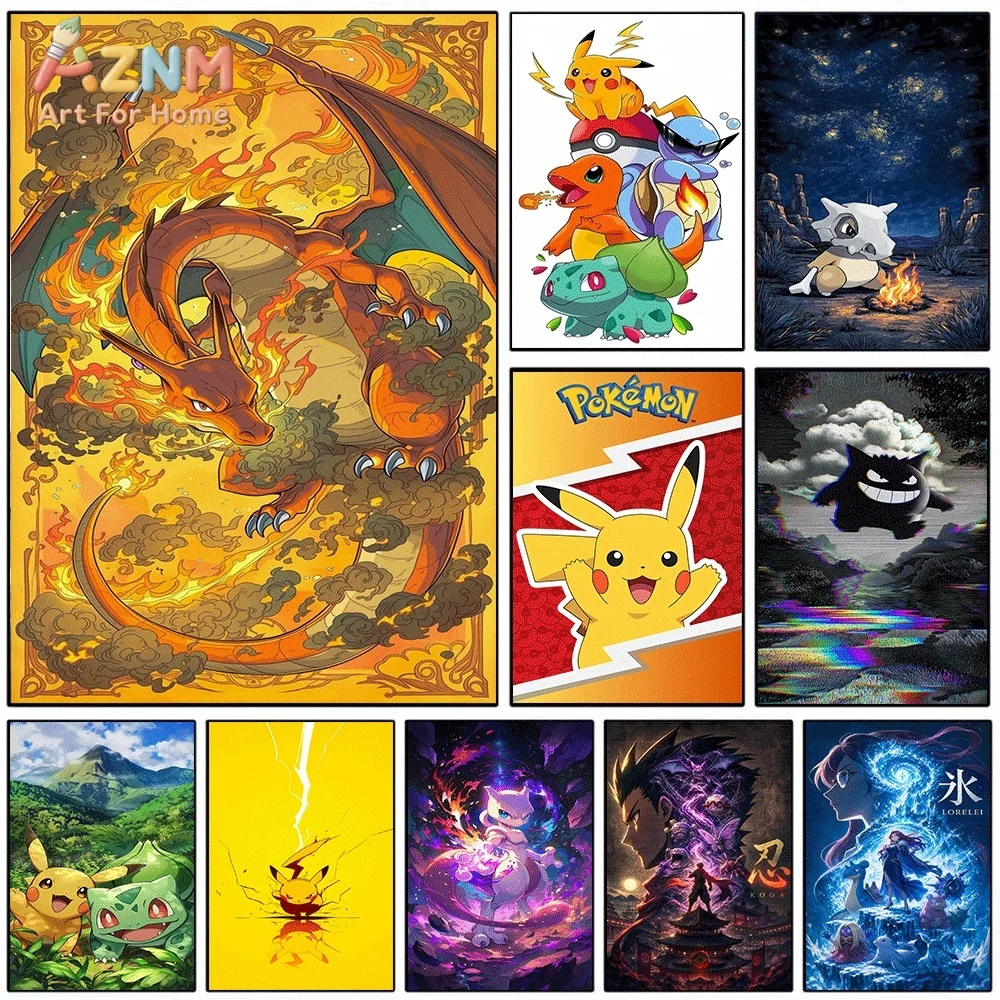Anime Pokemon Vintage Style Charizard Canvas Wall Art, Fire‑type Pocket Monster Cartoon Frameless Canvas Painting for Kids Bed