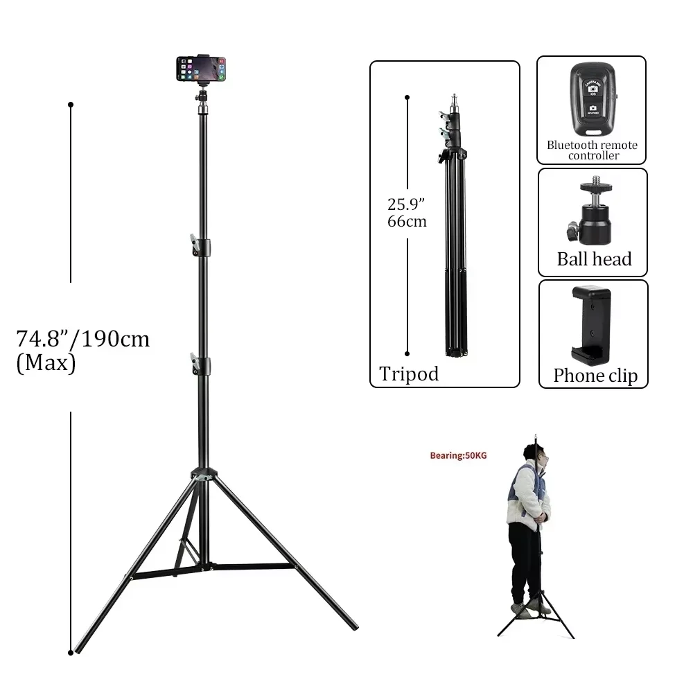 Trípode de fotografía de 200 cm con cabezal de tornillo de 1/4, soporte de luz ajustable, trípode para teléfono, anillo de luz, estudio fotográfico