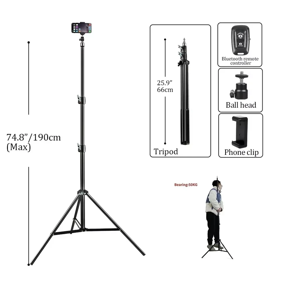 200cm 사진 삼각대 라이트 스탠드(1/4 나사 헤드 포함) 조정 가능한 라이트 스탠드 사진 삼각대(전화 링 라이트 사진 스튜디오용)