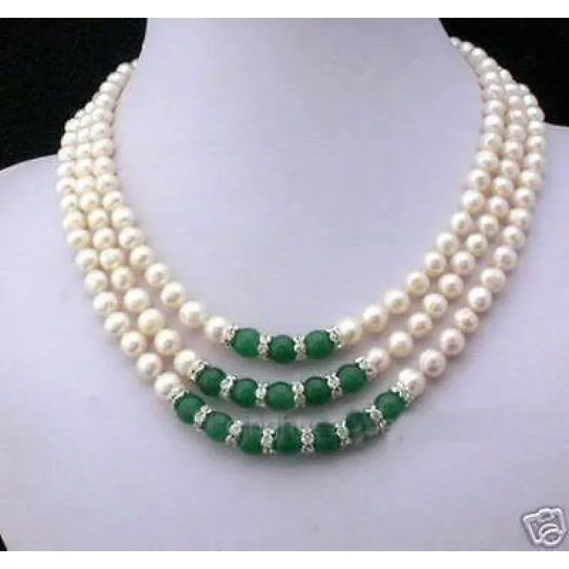 

3Rows 7-8MM White Akoya Pearl & Emerald Necklace 17-19inch;;