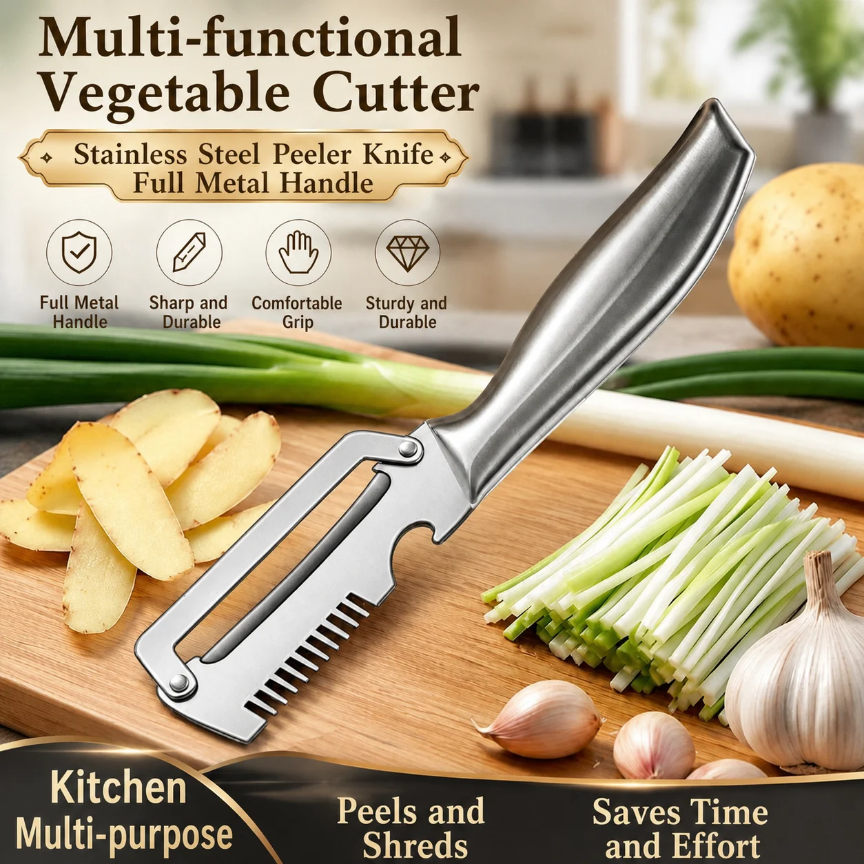 Stainless Steel Multifunctional Three-in-One Vegetable Slicer Commercial Grade Onion Thread Peeler Bottle Opener Kitchen Tool