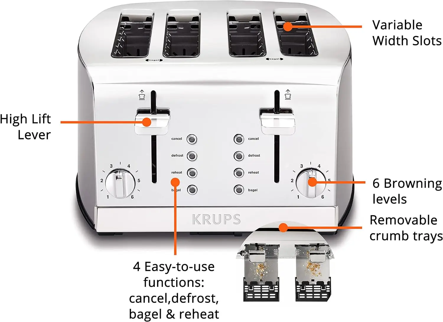 Breakfast Set Stainless Steel Toaster 4 Slice 1500 Watts  Brown Settings,Defrost, Reheat,High Lift Lever Silver,Matte and Chrome