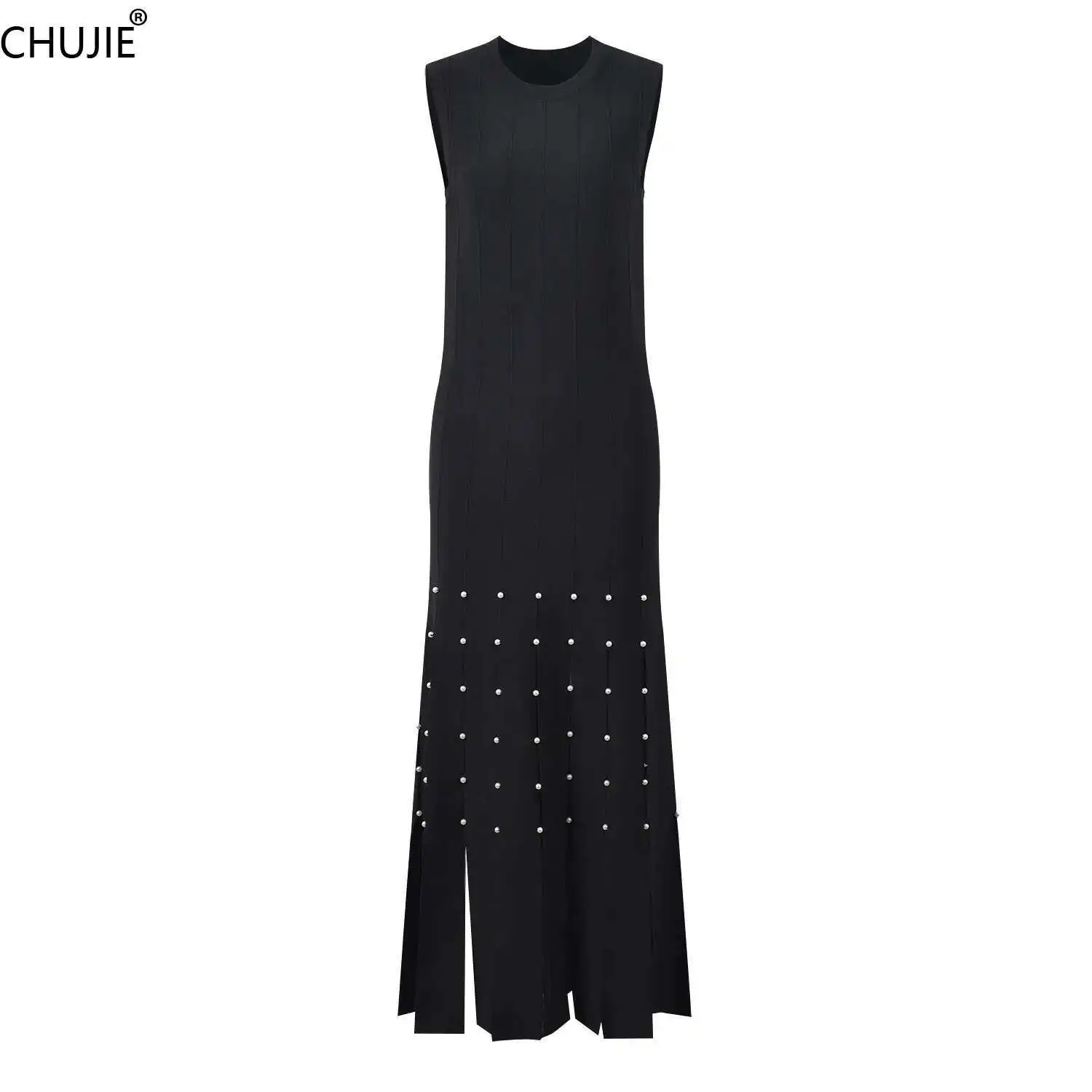 

Women's Elegant Beaded Sleeveless Long Dress 2025 – Slim Fit Rayon Blend, Tassel Detail, Spring Evening Gown