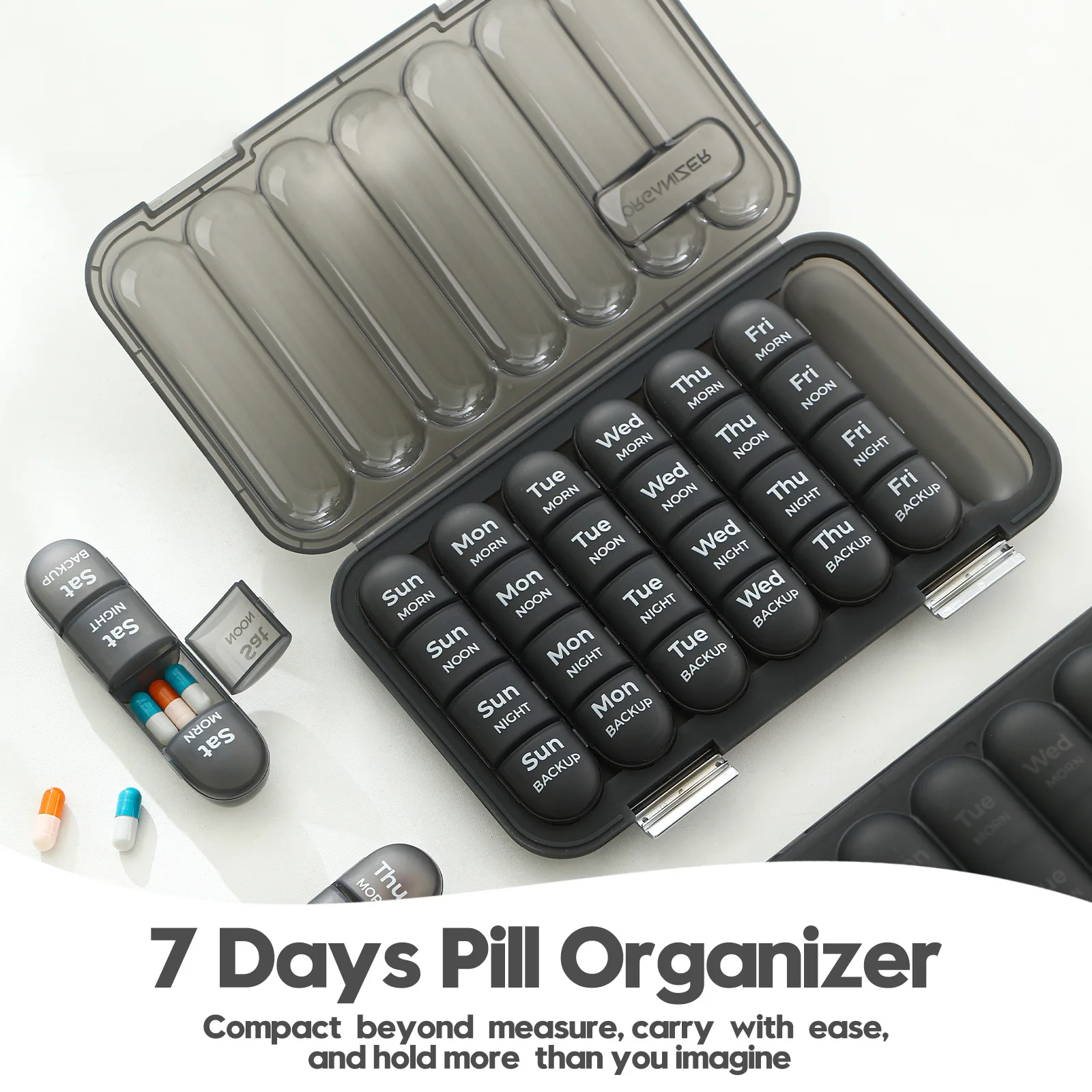 Weekly Pill Organizer 7 Day 4 Times a Day, Large Capacity Detachable Pill Box with AM PM Night Backup, Moisture-Proof Travel Med