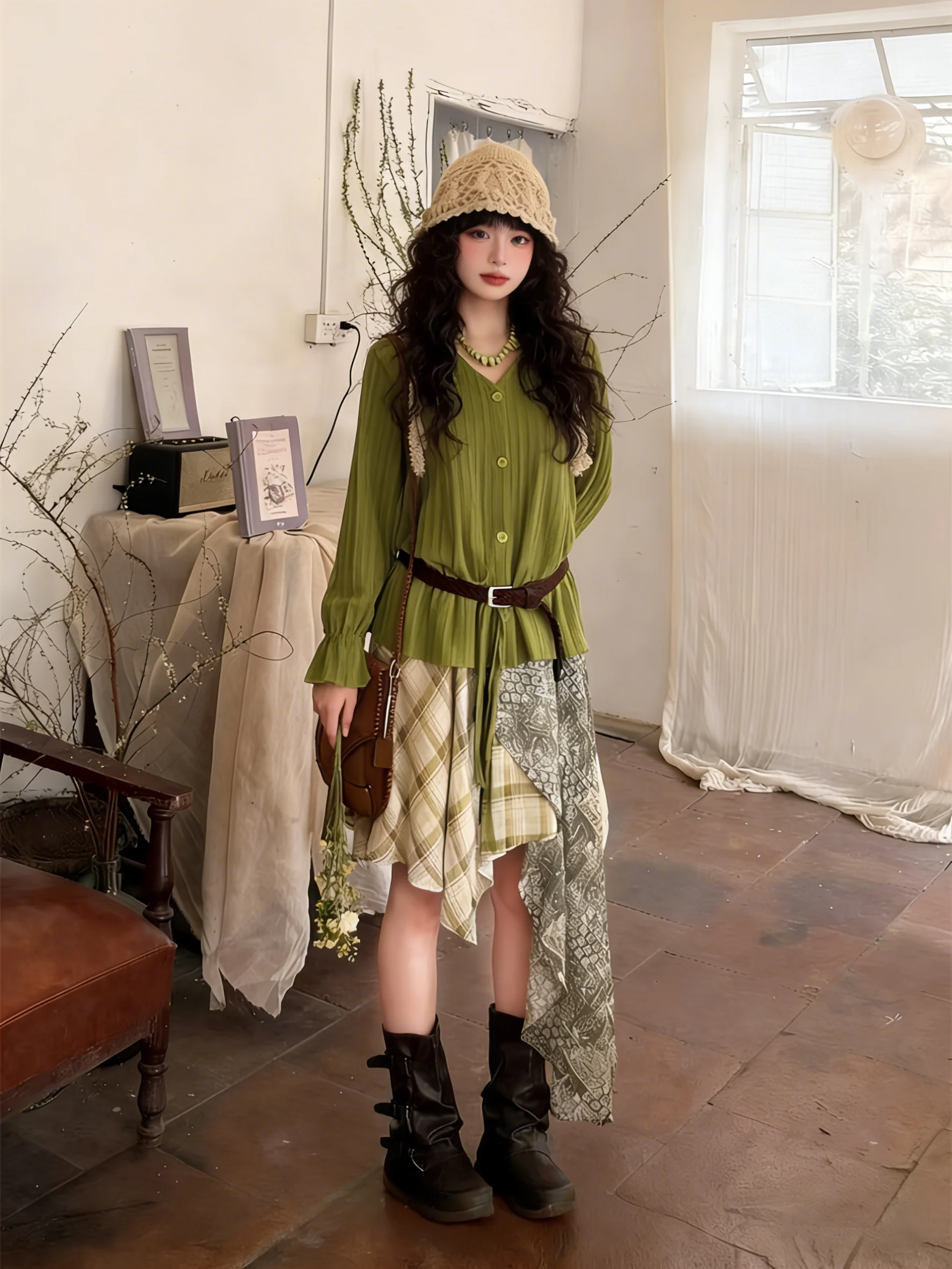 

Early Spring Beautiful Knitted Green V-Neck Set Women's Vacation Style Irregular Skirt Long Sleeve Shirt High Waist Poly...