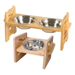 Elevated Cat Bowl StainlessSteel Food Dish With Wood Stand Pet Food Storage Device Raised Cat Feeding Bowls Pet feeding Supplies