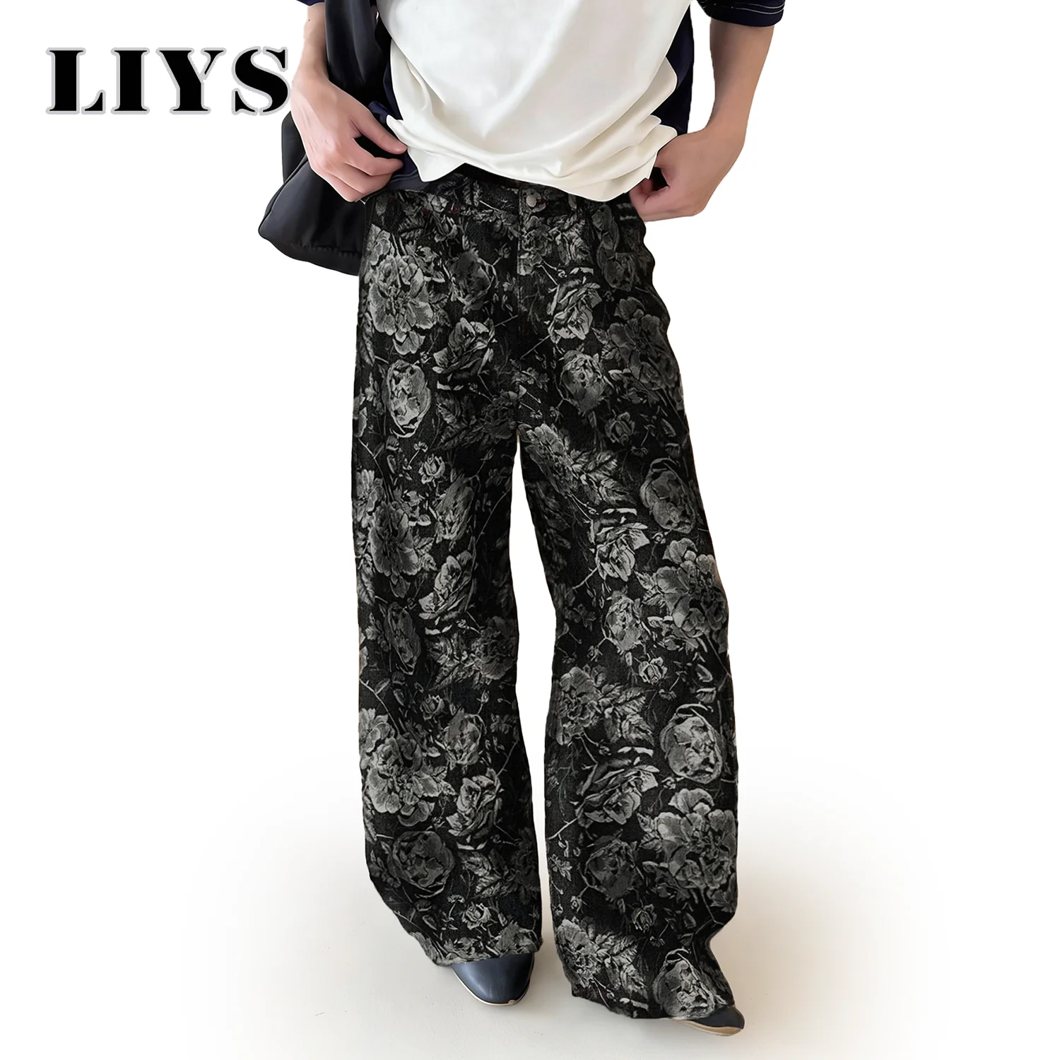 

LIYS Japanese Korean Style Black Rose Jacquard Baggy Wide-leg Jeans American Retro Street Jacquard Display Casual Denim Pants