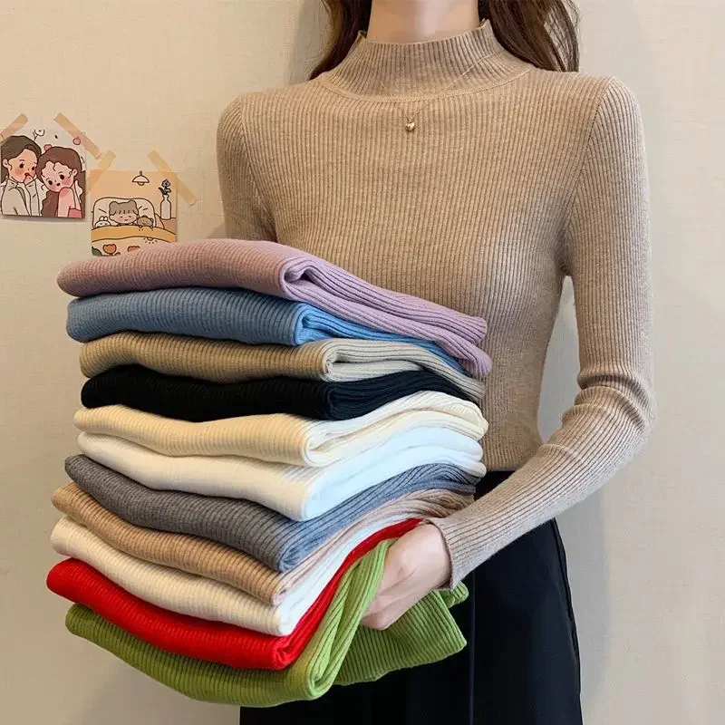 

Women Autumn Winter Half Turtleneck Sweater Korean Chic Casual Solid Slim Knit Pullover Female Bottoming Jumpers
