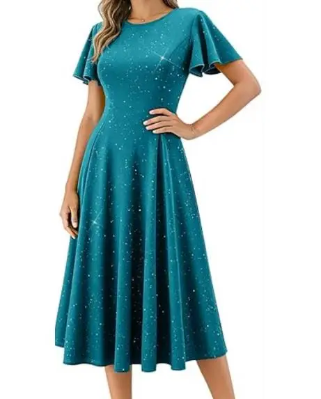 

2026 Summer New Trendy Elegant Solid Color Glitter Short Sleeve Round Neck Medium Length Dress