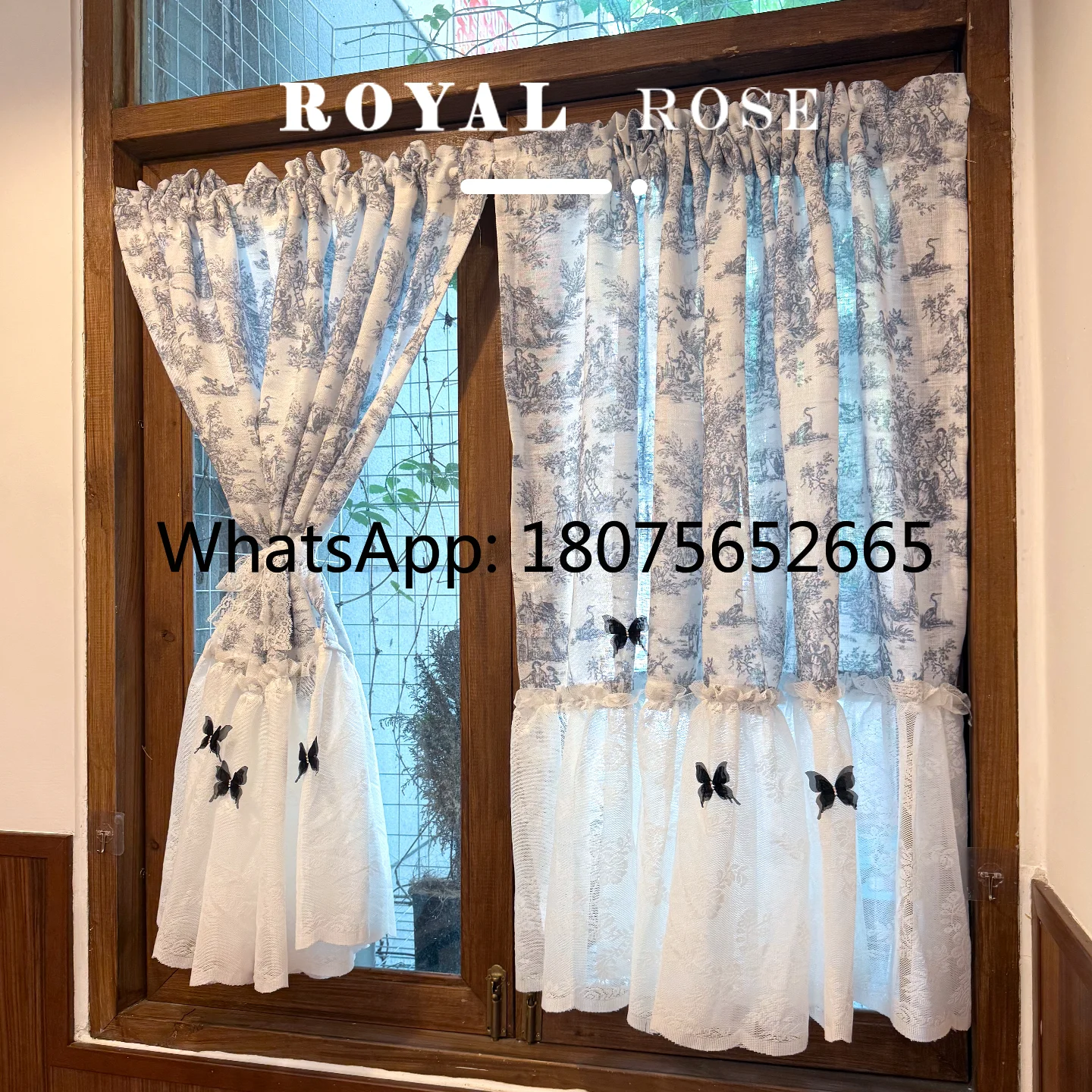 French lace sheer curtain - semi-blackout, rustic style, no-drill, adhesive door curtain