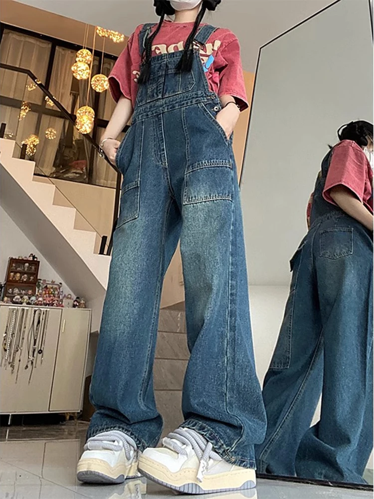 

Retro Design Denim Overalls Women's Autumn New Loose Jeans Wide Leg Pants Fashion High Waist Big Pockets Baggy Jumpsuit
