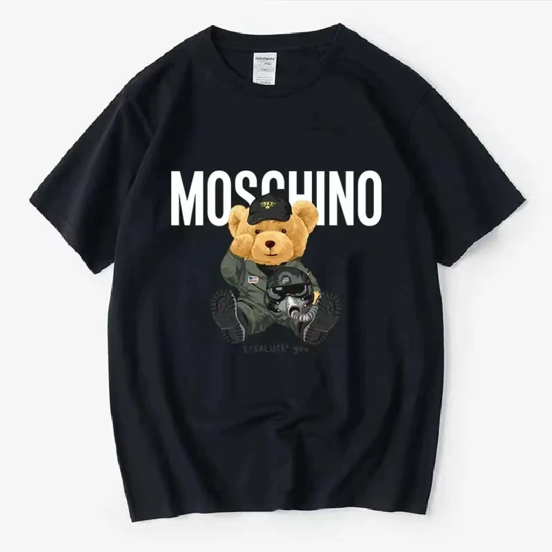 Fashion Bear Print Summer High-Quality Cotton Quick-Drying Loose Short-Sleeved Men's and Women's T-Shirt