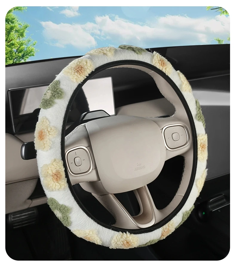 Blumenförmiger Auto-Lenkradbezug mit Plüsch-Dreidimensionalmuster Elastischer und Dehnbarer Schutzbezug für Damen-Autos – Detail 5