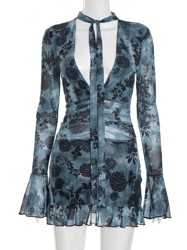 Weird Puss Sexy Plant Print Dress Women Halter Lace-Up Deep V-Neck Ruffle Sleeve Ruched Safety Shorts Stretch Skinny Bodycon