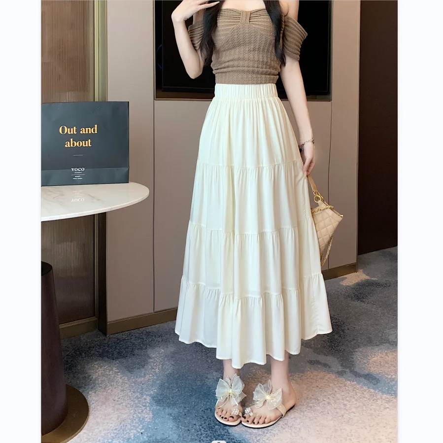 L - 4XL Plus Size Skirt For Women 2025 Summer New Arrival High Elastic Waist A Line Pleated Skirt Women Korean Fashion Skirt