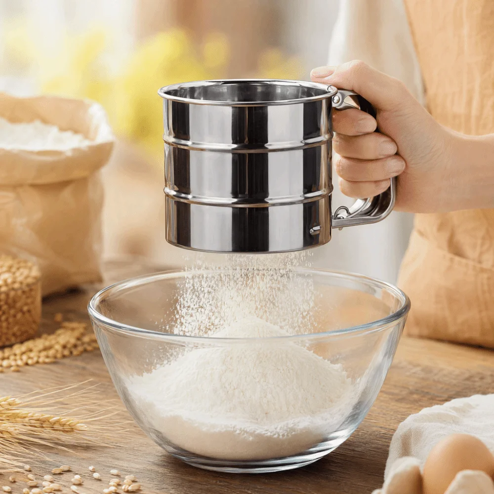 Professional Stainless Steel Flour Sifter Fine Mesh Hand Held Icing Sugar Sifter Crank Flour Sifter Flour Cake Cookie
