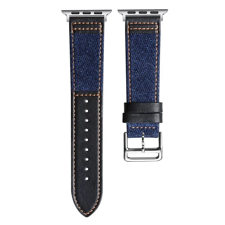 Denim Canvas + Genuine Leather Mixed Color Strap for Apple Watch Series 7/se/6/5/4/3/2/1 (41mm 45mm 42mm 38mm) fashionable