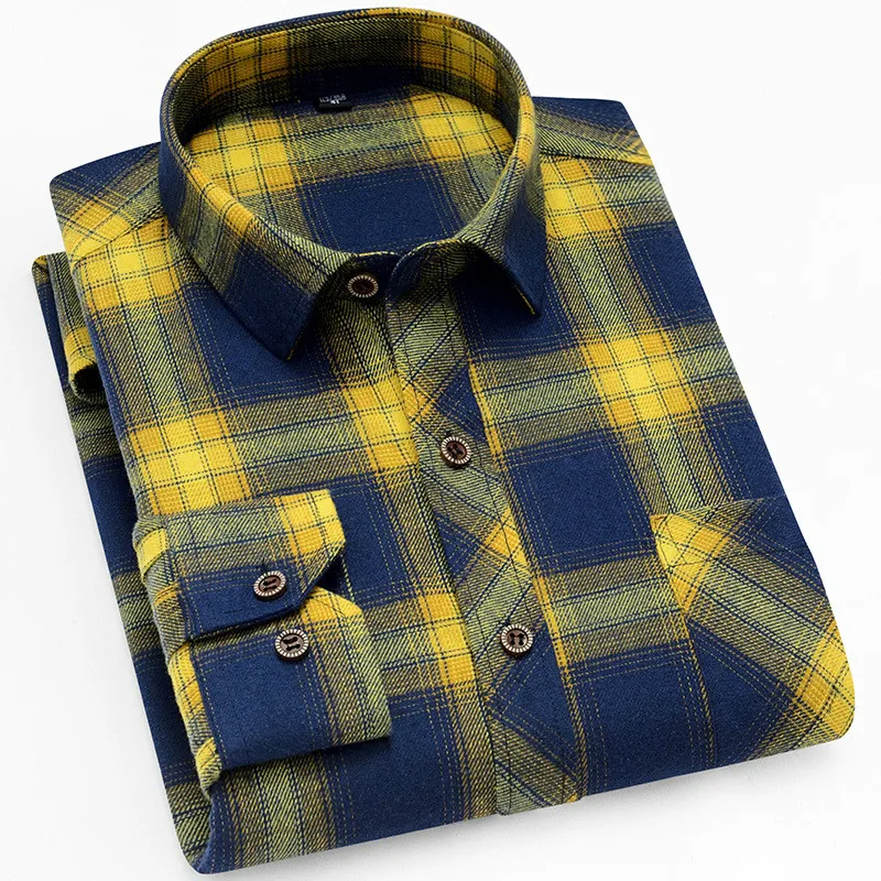 Fashion Brand Men Yellow Black Plaid Brushed Long Sleeve Warm Shirt Pocket Spring Casual Men's Shirts Flannel Cotton Soft Fit