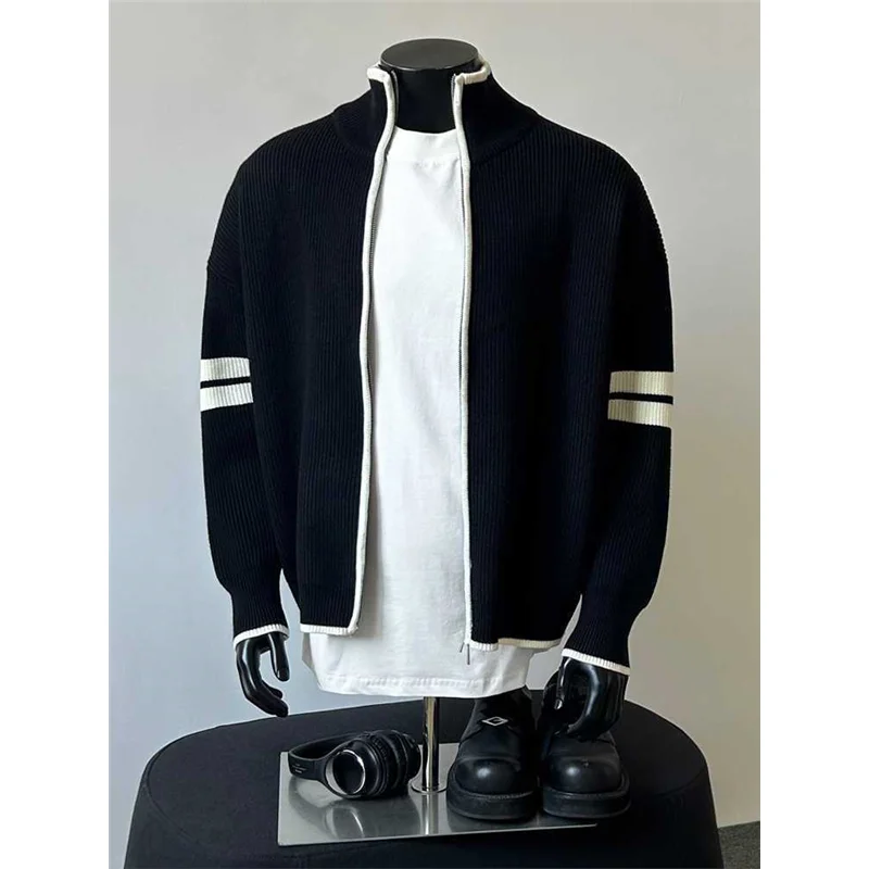 

Мужской осенне-зимний кардиган-свитер с воротником-стойкой, в полоску, с цветовыми блоками, мягкий, теплый, вязаный, верхняя одежда