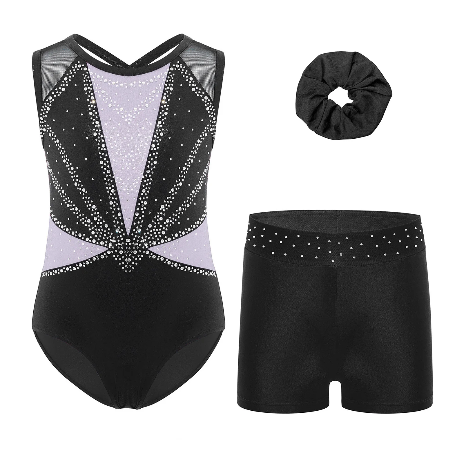 

Kids Girls Gymnastics Ballet Dance Outfit Sleeveless Crisscross Back Rhinestones Color Block Metallic Leotard+Shorts+Hairband