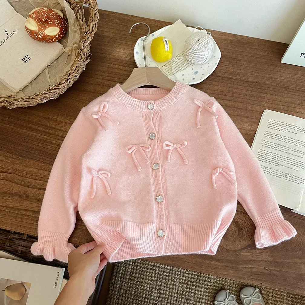 2024 Autumn Winter New Girls Bow Knitted Cardigan Sweater Jacket Cute Baby Sweet Top Korean Fashion Casual Fashion