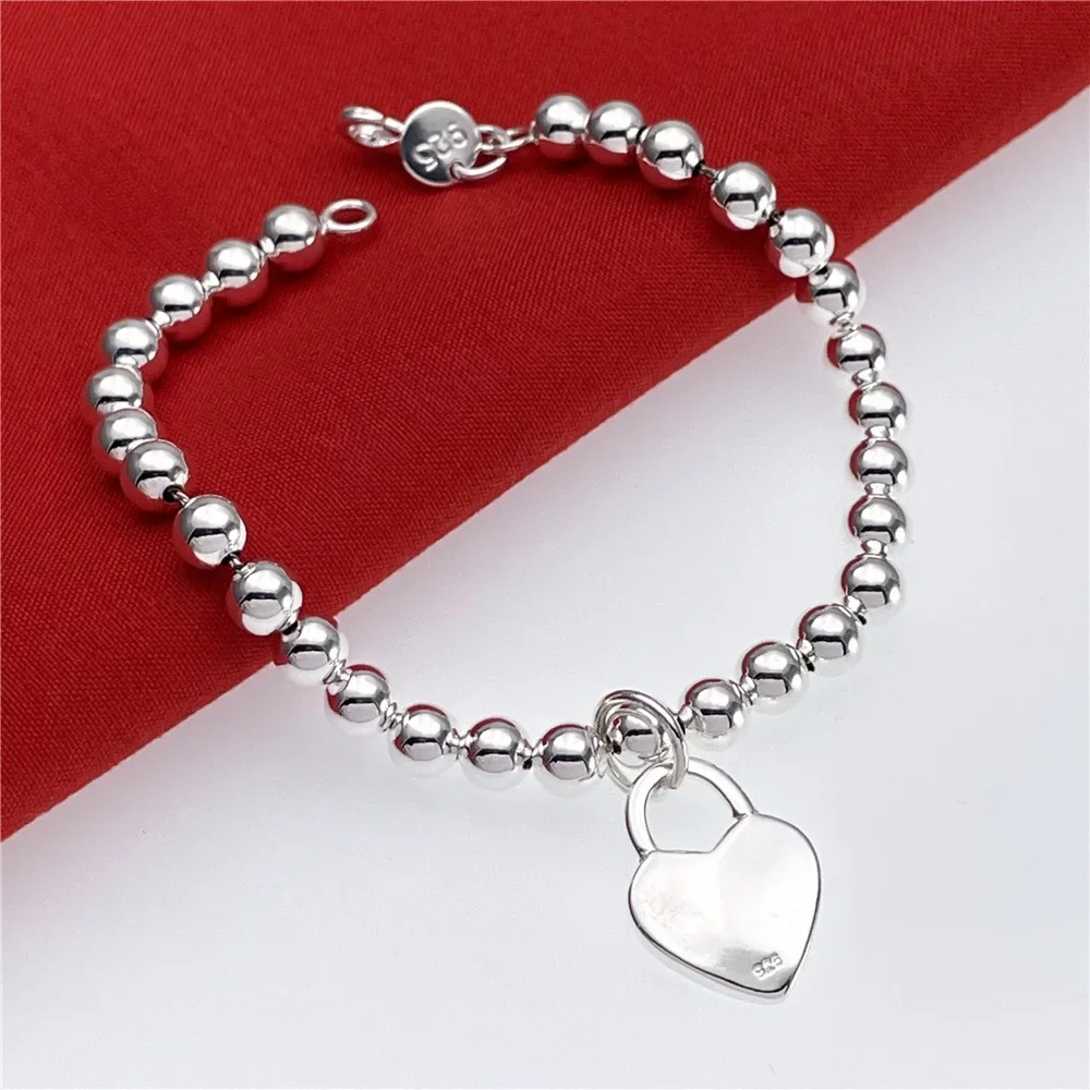 925 Sterling Silver Pretty 6MM beads chain Heart Bracelets for Women Fashion party wedding accessories Jewelry Christmas gift