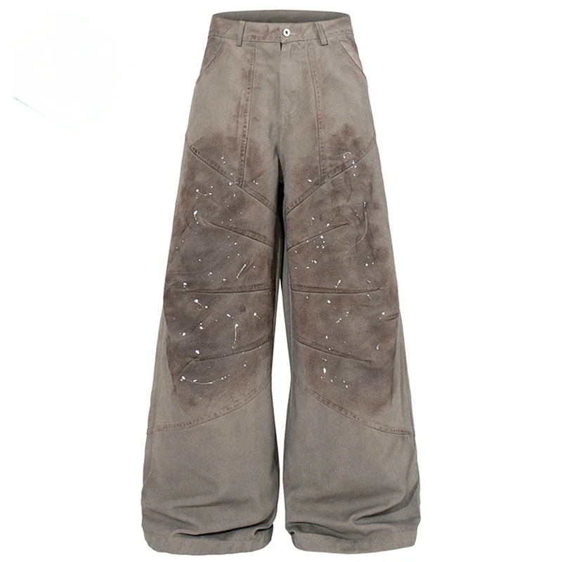 

Vintage Baggy Jeans Men Pleated Patchwork Loose Wide Leg Denim Pants Streetwear Harajuku Hip Hop Jeans Trousers