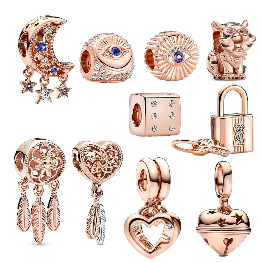 Rose Gold Plated Bell, Dreamcatcher & All-seeing Eye Charm Bead Fit Original Silver 925 Pan Bracelet Bangle Women Jewelry Gift