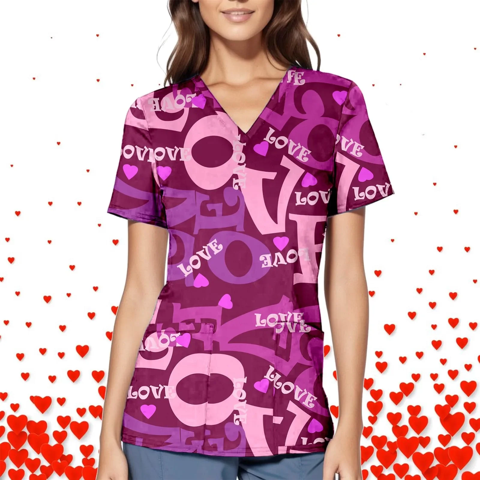 

Valentine's Day Tunic Scrub Tops Women Print Nurses Uniform Overalls Pocket Shirt Nursing Medical Healthcare Scrubs Nurse Tops