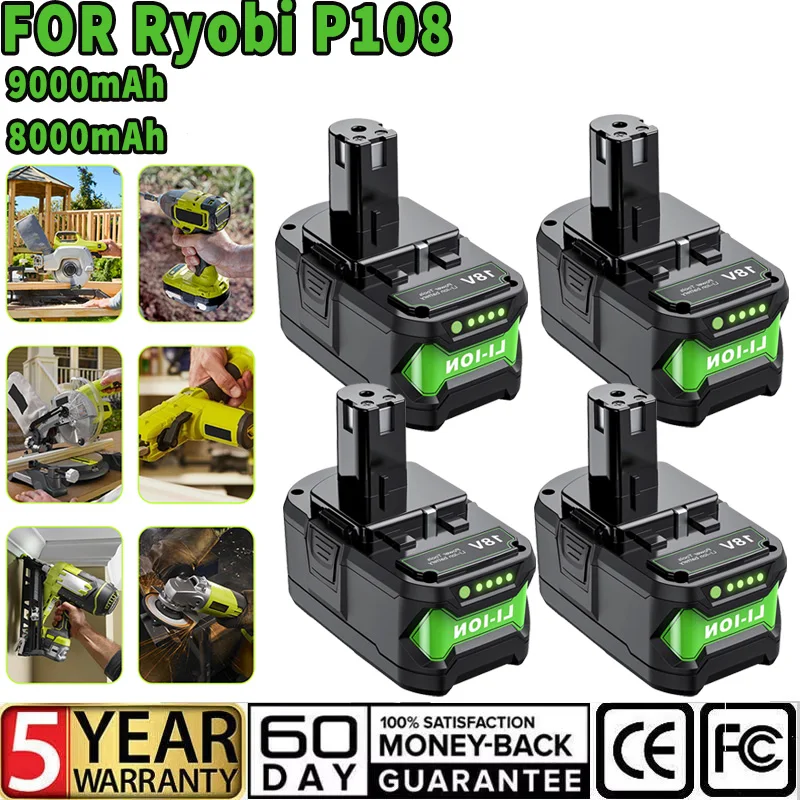 Batteries haute capacité 8,0 Ah/9,0 Ah 18 V pour Ryobi ONE Plus P104 P105 P107 P108 RB18L50 RB18L40, batterie rechargeable avec chargeur