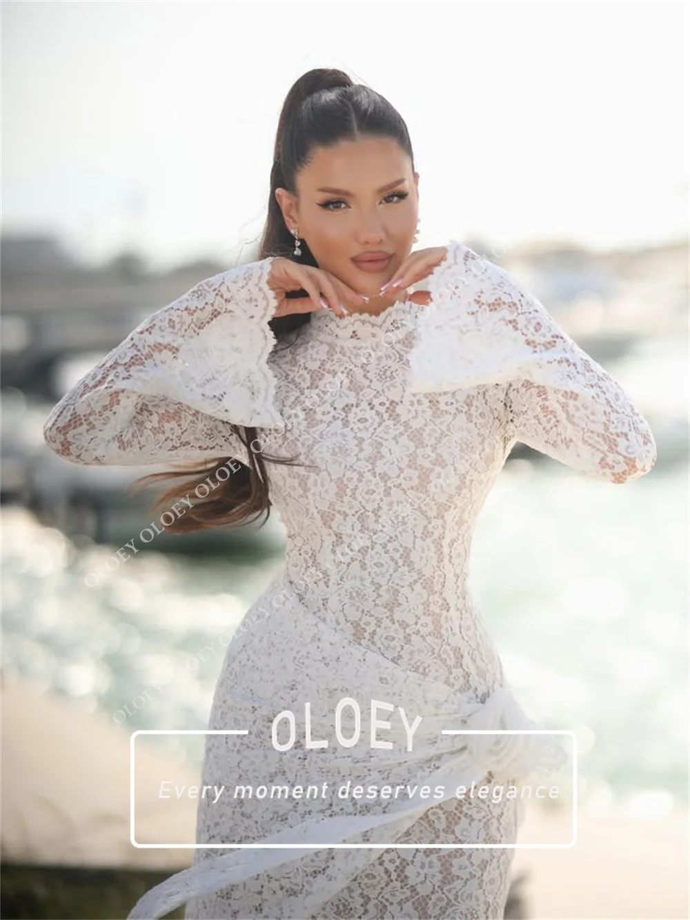 OLOEY Elegant Mermaid Full Lace Wedding Dress High Neck Flare Long Sleeves Fitted Waist Bridal Gown Floor Length Customized