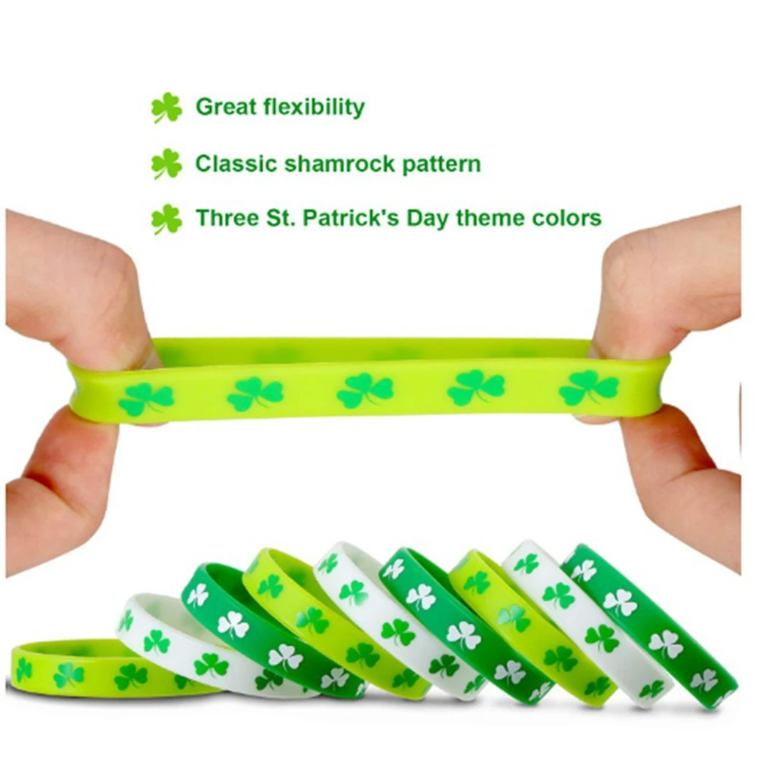St. Patrick\'s Day Shamrock Bangle Bracelets Green Irish Rubber Wristbands Bracelet for Kids School Party Favors Supplies