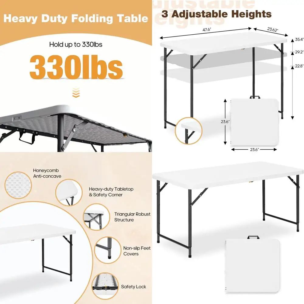 

Регулируемый по высоте складной стол с 3-уровневой регулировкой высоты, столешницей из HDPE и стальными ножками, портативный для использования на улице и в помещении, Suita
