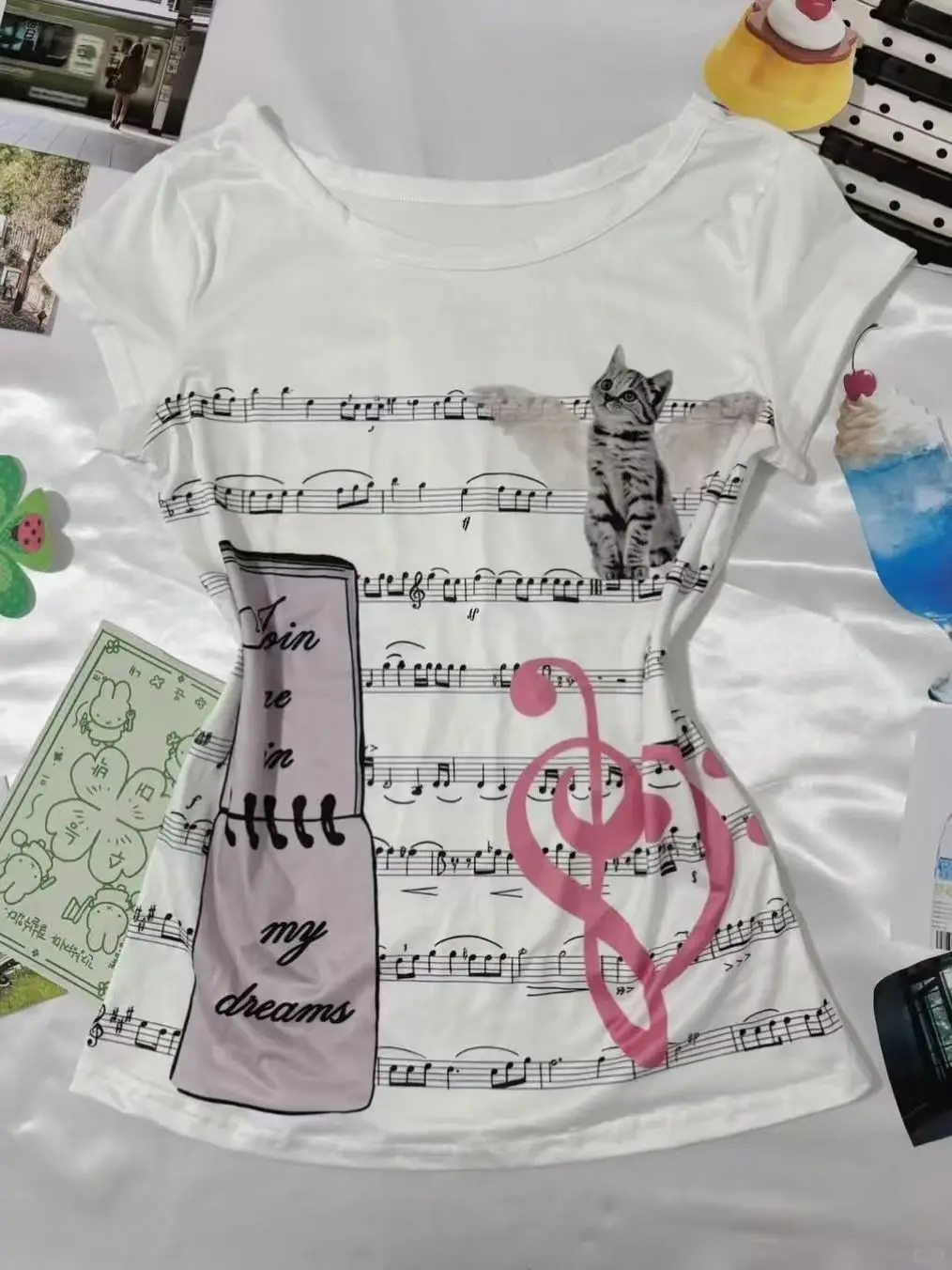Cutecore Cat Musical Note Print Hot Girl Y2k 2000s Clothing Women Tshirts Punk Style Short Sleeve O-neck Slim Fit Cool Tshirts