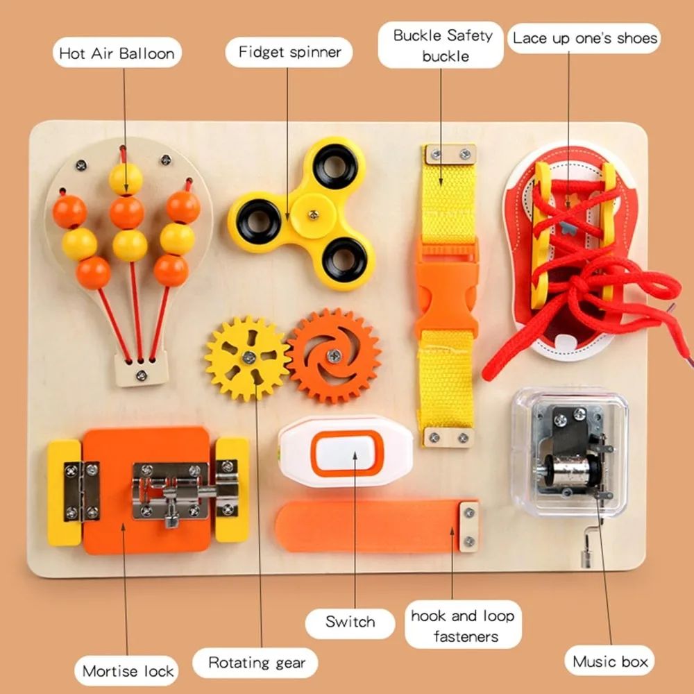 لعبة النشاط الحسي الخشبية المزدحمة للأطفال، لعبة أقفال الأطفال الصغار، المهارات الحركية الدقيقة، لعبة الجذعية، لوحة المزالج للأولاد والبنات