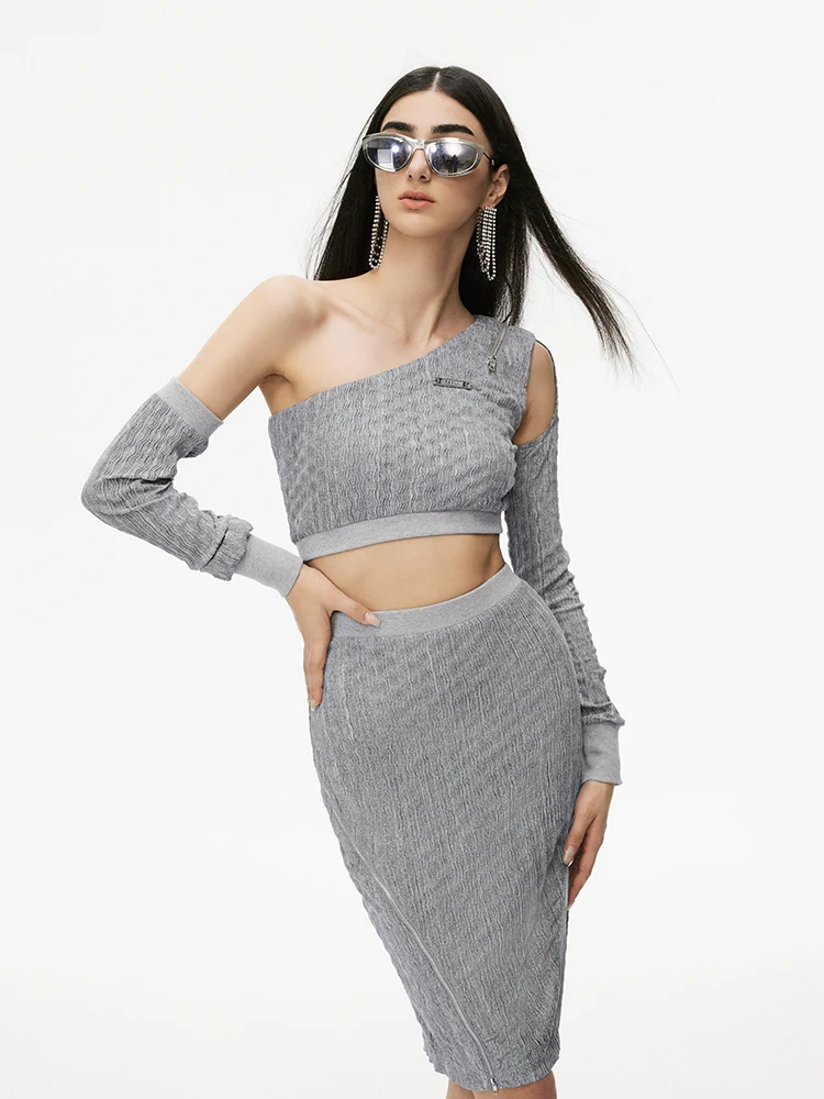 

Асимметричный комплект из облегающей юбки и топа с разрезом на бедре, модный женский костюм из полиэстера