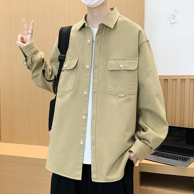 

Loose Fit Pure Cotton Long Sve Men's irt Vintage Hong Kong Sle Casual Thin Spring Autumn Faionable Workwear Coat
